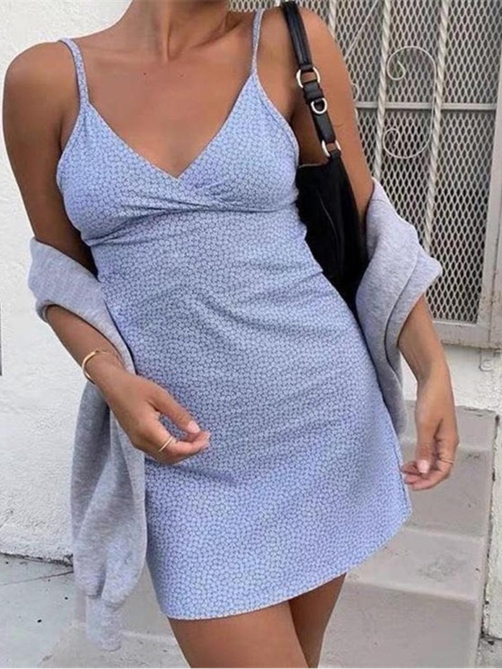 Brandy Melville Amara Tank Mini Dress Light Blue Ditsy Floral Crossover XS S